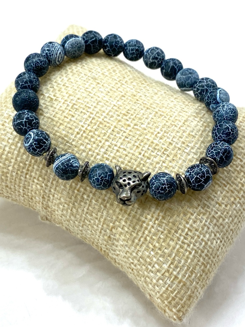 Blue Crackle Stone Stretch Bracelet with Textured Leopard Accent